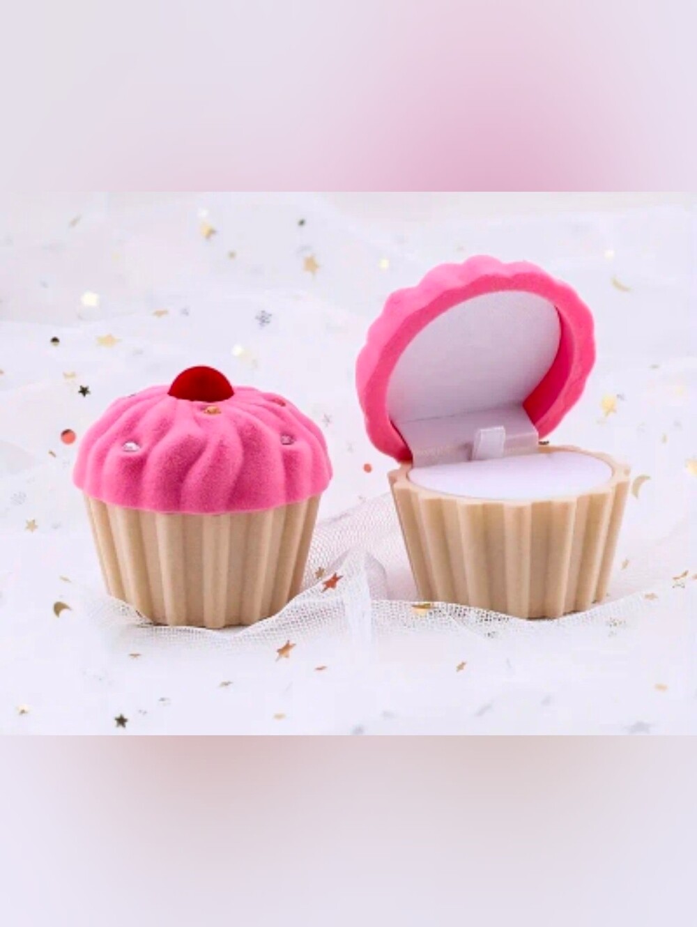 Velvet Pink Cupcake Jewelry Ring Box Rhinestone Cherry Detail Trinket Case NIB